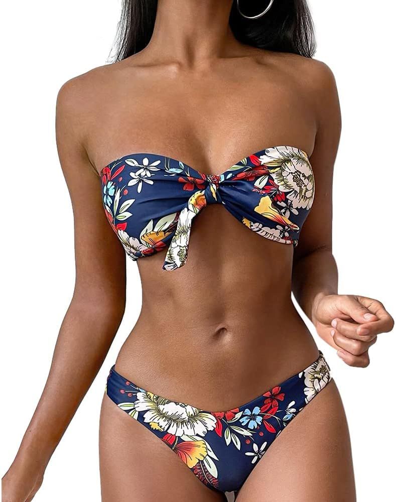 ZAFUL Women's Floral Print Bandeau Bikini Set High Cut Strapless Knot Front Swimsuit Sexy Bathing Su | Amazon (US)