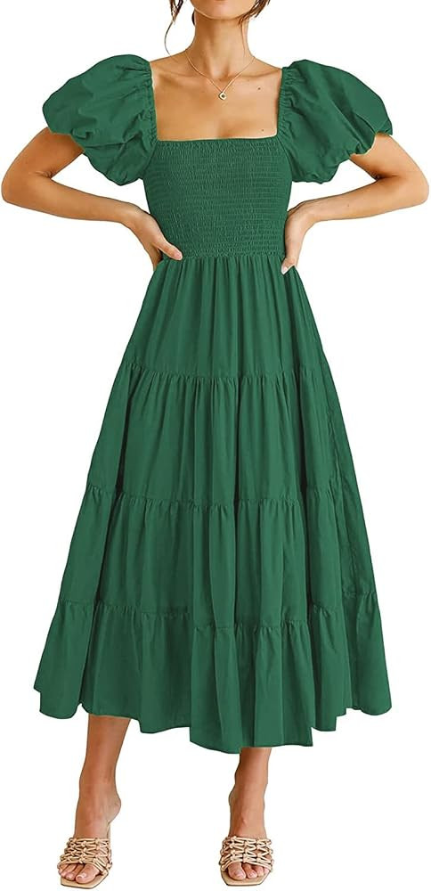 GOLDSTITCH Women's Smocked Maxi Dress Square Neck Ruffle Hem Puffy Short Sleeve Flowy Midi Dress | Amazon (US)