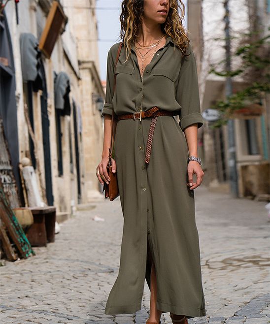 Coeur de Vague Women's Casual Dresses Green - Green Maxi Shirt Dress | Zulily