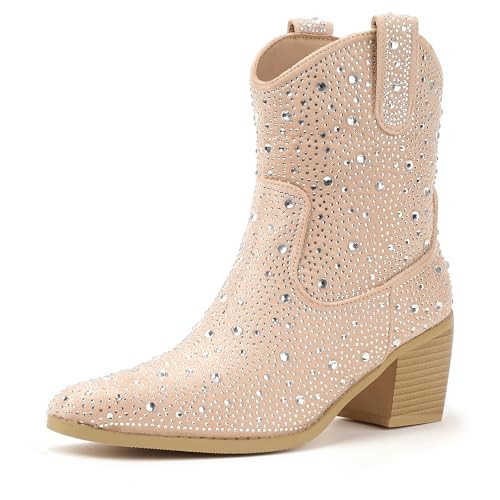 IDIFU Tan Booties Cowgirl Cowboy Rhinestone Ankle Boots for Women Low Short Chunky Heel Pointed Toe Slip On Booties Ladies Western Sparkly Glitter Sequin Daily Dating Boots(Tan Rhinestone, 6.5) | Amazon (US)
