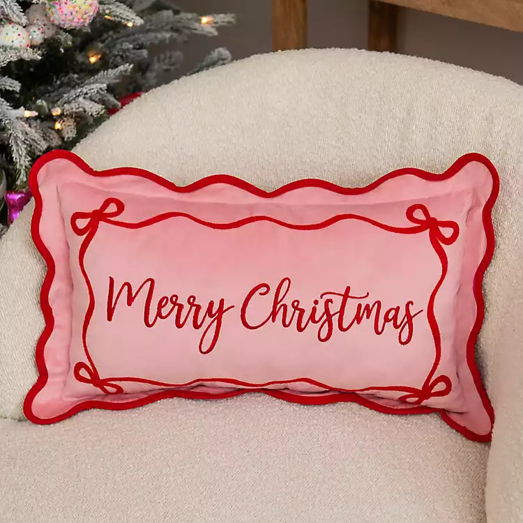 New! Pink Merry Christmas Scalloped Lumbar Pillow | Kirklands