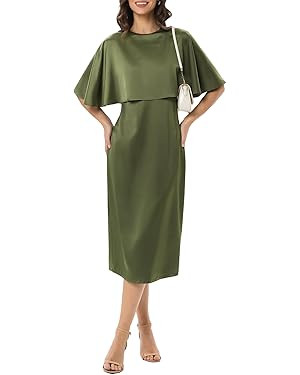 Amazon.com: EZAPINE Women Summer Wedding Guest Dress Formal Satin Dress Cape Sleeve Bodycon Dre... | Amazon (US)