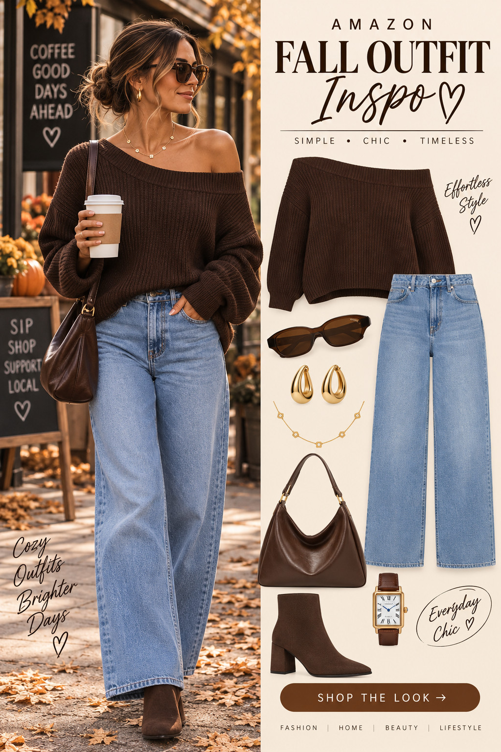 Amazon fall outfit ideas for creating an easy, polished look this season. Style a cozy off-shoulder brown sweater with wide-leg jeans, ankle boots, a chocolate brown bag, sunglasses, and simple gold jewelry for an effortless everyday outfit. Perfect inspiration for coffee runs, casual weekends, brunch, and crisp fall days. Save this fall outfit inspiration for your autumn wardrobe.
 

 #LTKSeasonal #LTKU #LTKOver40