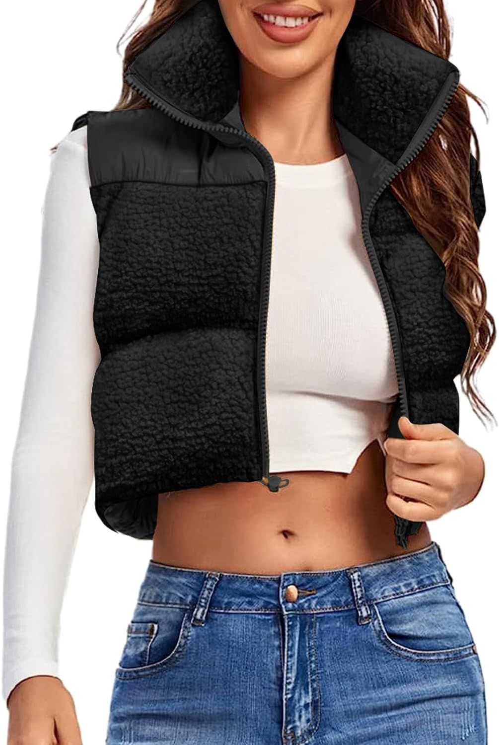 Fazortev Women's Puffer Vest Sherpa Fleece Crop High Stand Collar Jacket Lightweight Outwear | Amazon (US)