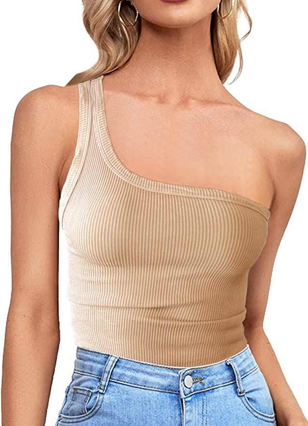 Womens One Shoulder Tops Summer Sleeveless Ribbed Tank Top Casual Slim Basic Tees | Amazon (US)