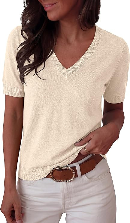 ANRABESS Short Sleeve Sweaters for Women Wool Blend V Neck Sweater Shirts Business Casual Work To... | Amazon (US)