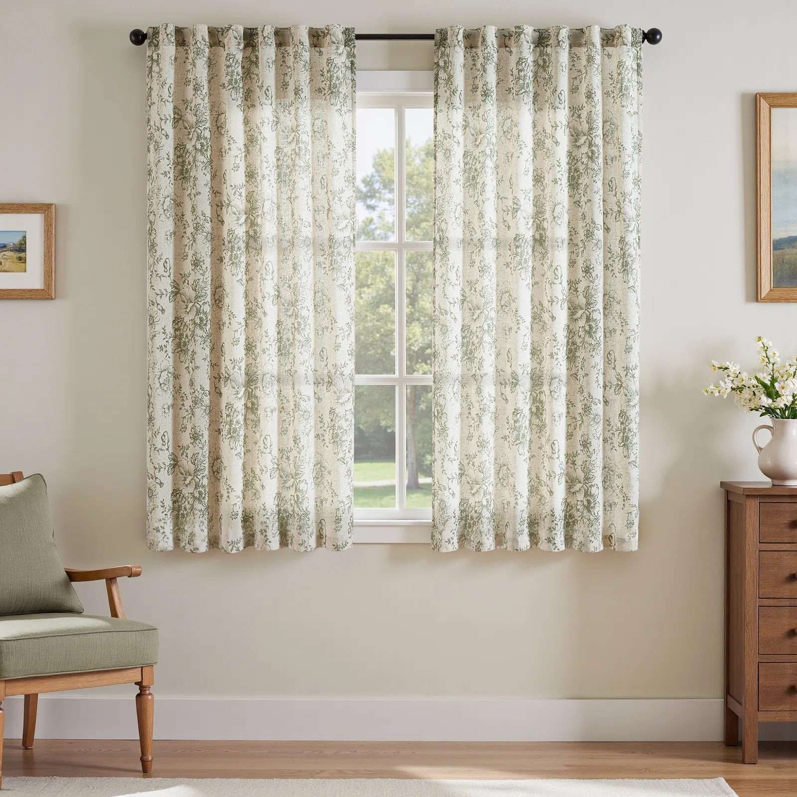 Neacsa Linen Semi Sheer Peony Flower Patterned Rod Pocket Curtain Pair (Set of 2) | Wayfair North America