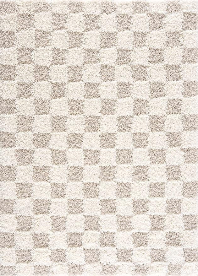 Atira Modern Checkered Shag Area Rug - High Pile Fluffy Shaggy Carpet for Kids Room, Nursery, Liv... | Amazon (US)