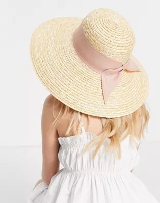 ASOS DESIGN curved crown flat brim natural straw hat with bow and size adjuster in neutral | ASOS (Global)