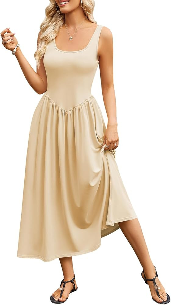 Naggoo Women's Summer Long Maxi Dress Casual Square Neck Sleeveless Tank Dresses Knit Pleated A L... | Amazon (US)