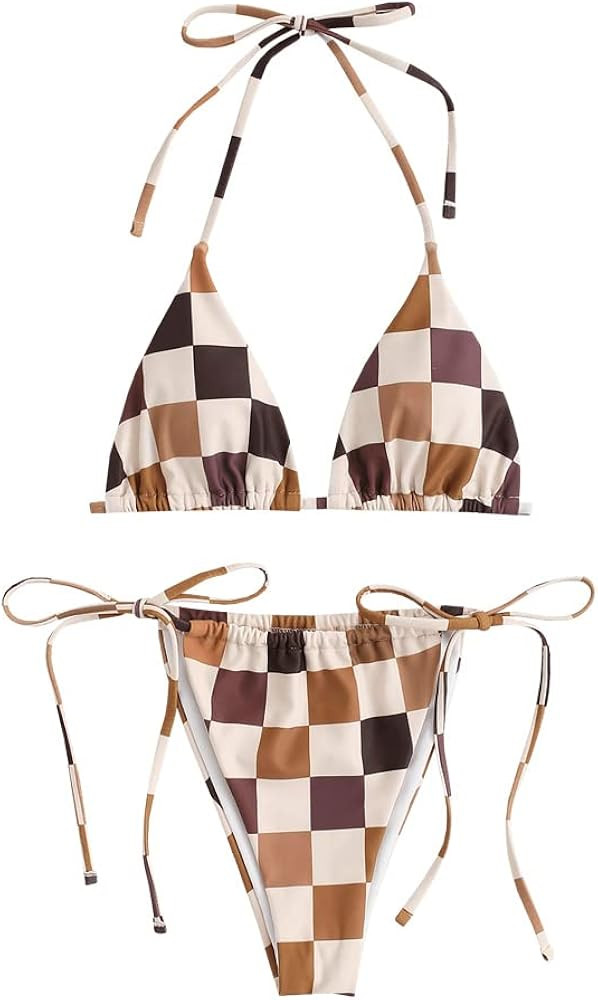 ZAFUL Womens Triangle Bikini Sets High Cut Tie Side 2 Piece Bathing Suits String Halter Bikini Sw... | Amazon (US)