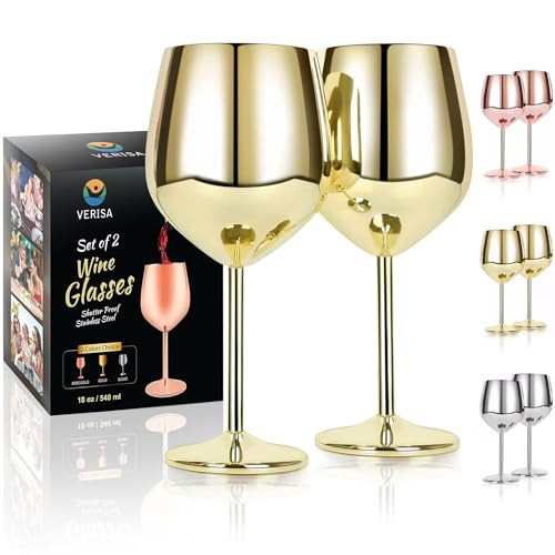 VERISA Stainless steel stemmed wine glasses,18oz Unbreakable gold Wine glasses set of 2, Shatterproof wine steel gold goblets set Outdoor, red wine glass Metal Wine goblet love is blind | Amazon (US)