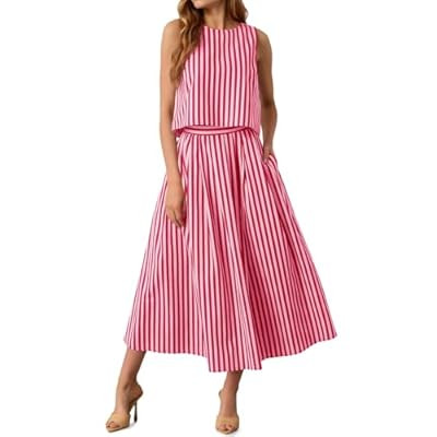 Tankaneo Womens 2 Piece Skirt Sets Summer Striped Sleeveless Tank Tops Midi… | Amazon (US)
