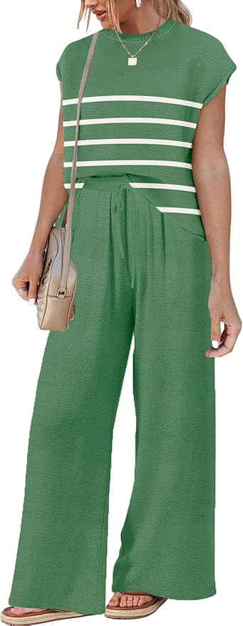 KIPFALL 2 Piece Outfits for Women Casual Dressy Knit Lounge Sets Cap Sleeve Tops and Elastic Wais... | Amazon (US)