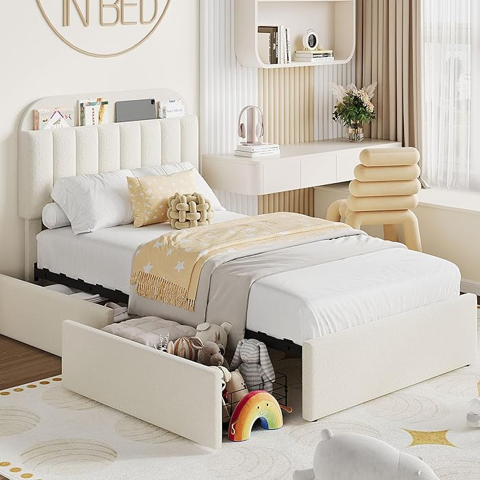 Garvee Twin XL Size Bed Frame with 2 Flexible Drawers, Boucle Upholstered Platform Bed Frame with... | Amazon (US)