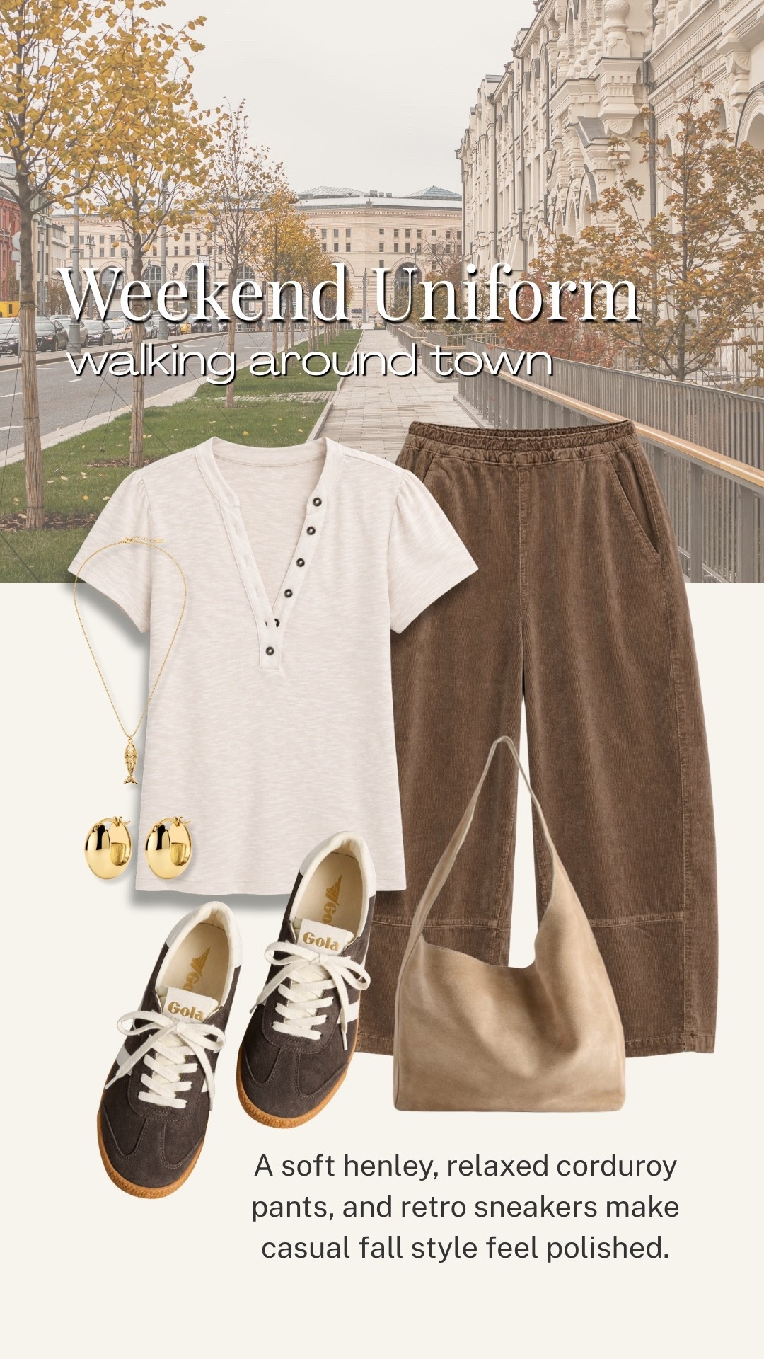 This is my idea of a weekend uniform: a soft henley, relaxed corduroy pants, and comfortable retro sneakers. The warm neutral palette feels perfect for fall, and these easy pieces can be mixed into so many casual outfits.

💡 LTK MADE EASY
❤️ Heart = Support my posts!
🔖 Save = Get sale & restock alerts
📋 Lists = Keep favorites organized
📲 Share = Send lists and products to a friend. Hello, Christmas List!
💬 Comment = Ask me anything about what I’m wearing.:-)

#LTKootd #LTKOver40 #LTKTravel