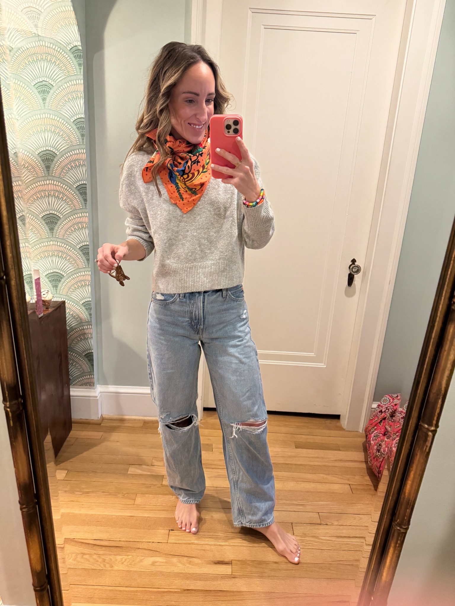 Easy spring travel outfit | gap jeans | silk neck scarf | Vuori baby tee 

#LTKSpringSale #LTKgrwm #LTKTravel