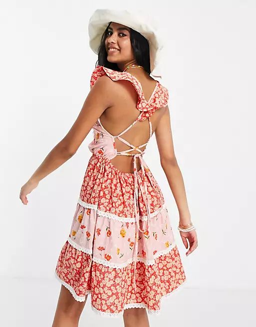 ASOS DESIGN textured tiered mini skater sundress with lace up back in mixed floral | ASOS (Global)