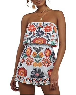 SweatyRocks Women's Off Shoulder Floral Print Playsuit Strapless Romper Short Jumpsuit | Amazon (US)
