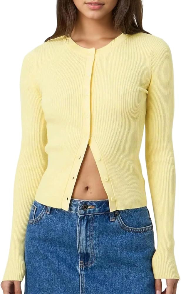 Cioatin Women Long Sleeve Button Up Ribbed Knit Crop Cardigan Y2K Slim Fit Round Neck Sweater Tsh... | Amazon (US)