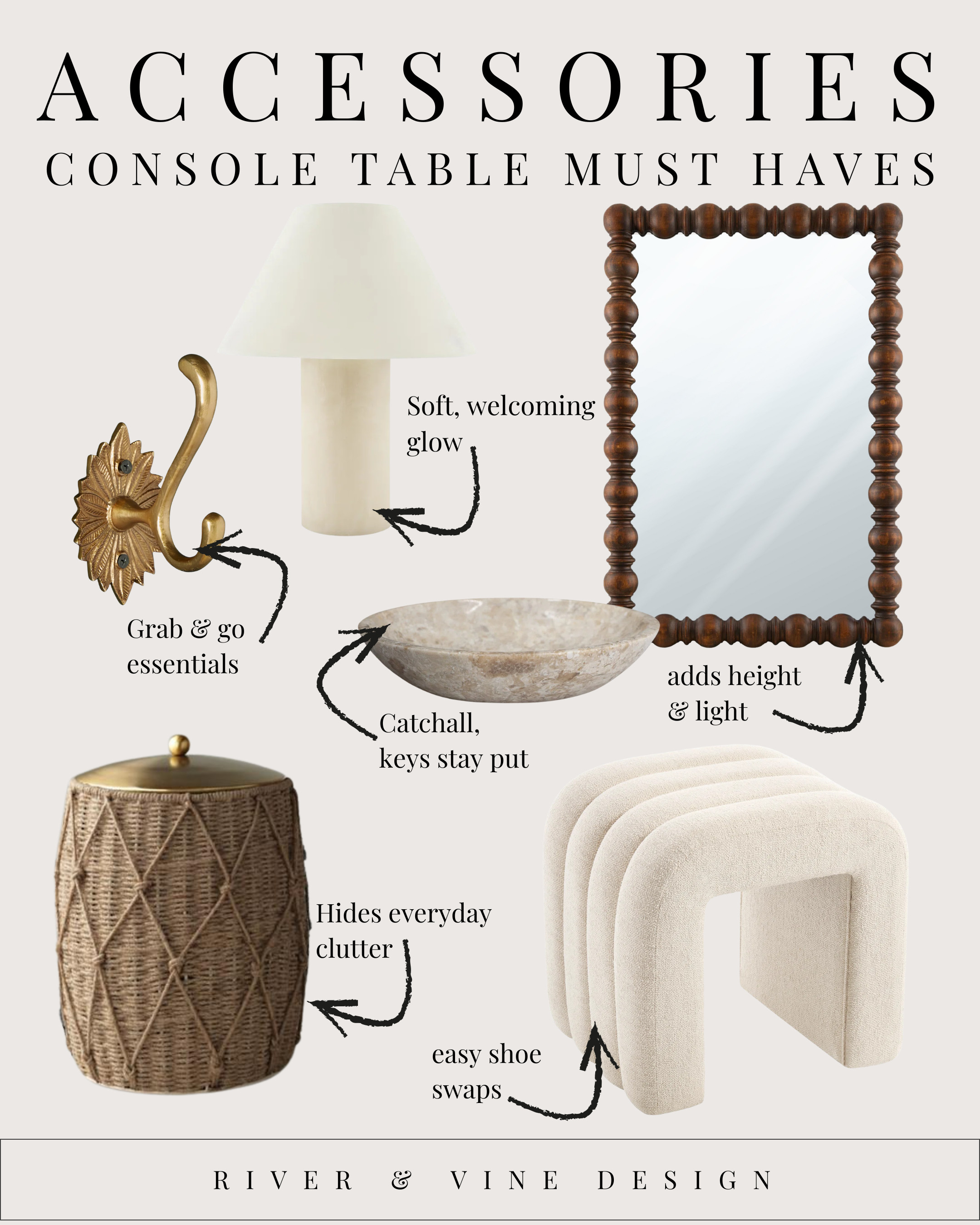 This is your reminder that an entryway doesn’t need a makeover — it needs the right accessories ✨

A lamp for that soft “welcome home” glow, a catchall so keys stop disappearing, something tall to add height, and one cozy seat for easy shoe swaps. That’s it. That’s the formula.

Designer tip: every console looks finished when it has one light source, one vertical element, and one functional piece. Anything beyond that is just bonus.

Tap to shop these console table must-haves and make your entryway work and look good from the moment you walk in 🚪🤍 

 #LTKHome