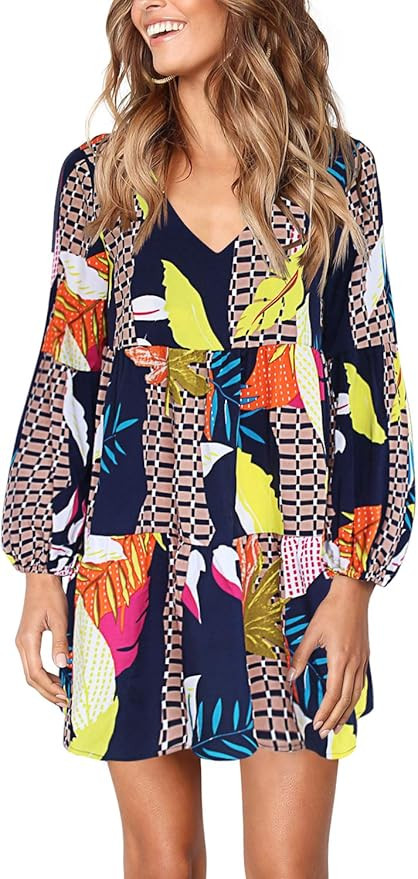 Amoretu Women Summer Tunic Dress V Neck Casual Loose Flowy Swing Shift Dresses | Amazon (US)