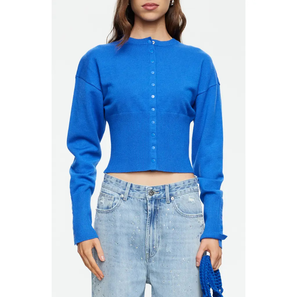 LIONESS Head in the Clouds Crewneck Cardigan in Persian Jewel at Nordstrom, Size Large | Nordstrom
