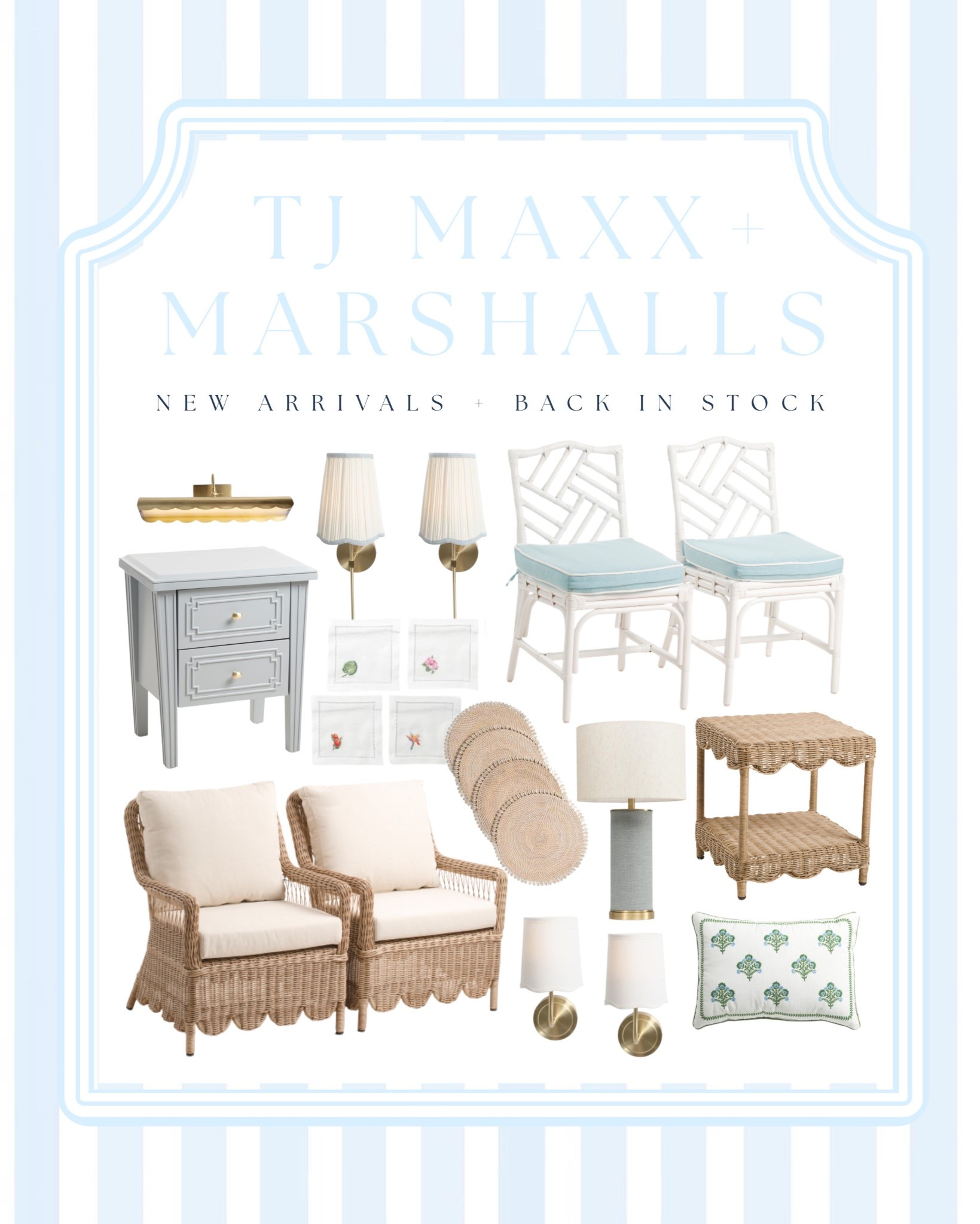  New TJ Maxx + Marshalls home decor arrivals that are giving major grandmillennial , Serena & Lily inspired, designer look for less vibes 🤍🌊 If you love coastal home decor, woven furniture, scalloped rattan accents, wicker chairs, bamboo lighting, and classic blue & white decor, these finds are so good right now.

I spotted woven rattan accent chairs, scalloped wicker side tables, coastal table lamps, brass wall sconces, bamboo lighting, blue and white accent pillows, woven placemats, and chic nightstands that look straight out of a high-end coastal catalog—but for TJ Maxx and Marshalls prices.

These pieces are perfect for creating a coastal living room, beach house decor, coastal bedroom styling, or a Nancy Meyers inspired home with layered natural textures, wicker, rattan, and light blue accents.

If you’re decorating for spring, summer, or refreshing your coastal home, these TJ Maxx home finds and Marshalls decor finds are some of the best budget friendly designer dupes I’ve seen lately.

Tap to shop my favorite coastal home decor finds, woven furniture pieces, scalloped rattan tables, Serena & Lily inspired chairs, and beach house decor accents before they sell out.

@TJ Maxx @Marshalls 

#LTKSaleAlert #LTKHome