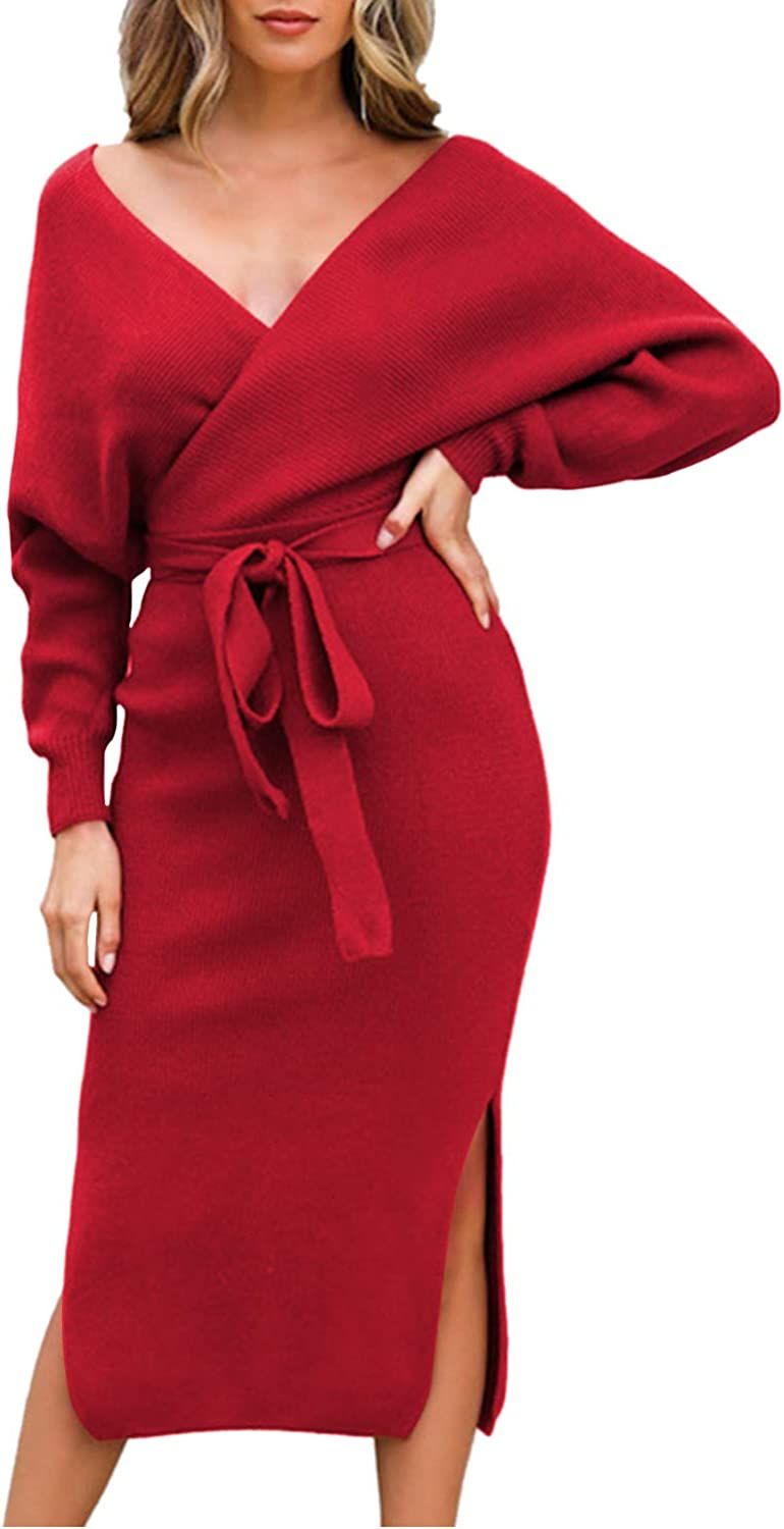 Viottiset Women's V Neck Long Batwing Sleeve Wrap Midi Knit Sweater Dress Elegant Backless with B... | Amazon (US)