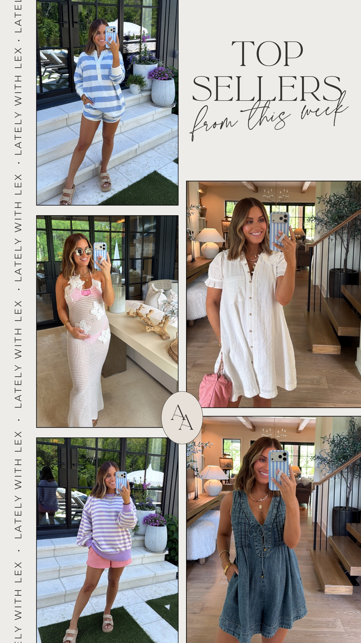 Top sellers this week! 

- Aerie striped set: small in both pullover & shorts 
- Amazon cover up: wearing small 
- Anthropologie white dress- in petite small 
- Aerie loungewear: smalls in both 
- Denim romper: XS