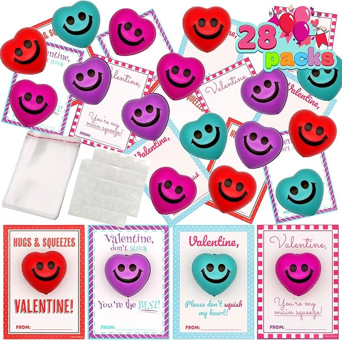 28 Packs Heart Shape Stress Ball with Cards Stress Relief Fidget Toy for Valentine Party Favors, Cla | Amazon (US)