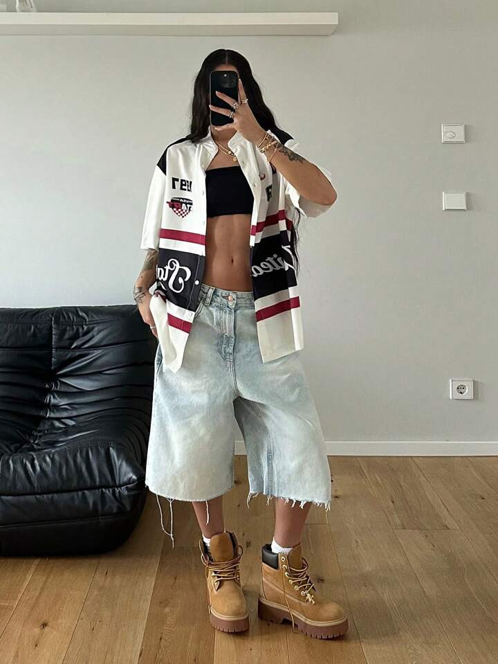 StreetHx Women's Summer Streetwear Badge Print Short Sleeve Shirt, For Sport's Wear | SHEIN