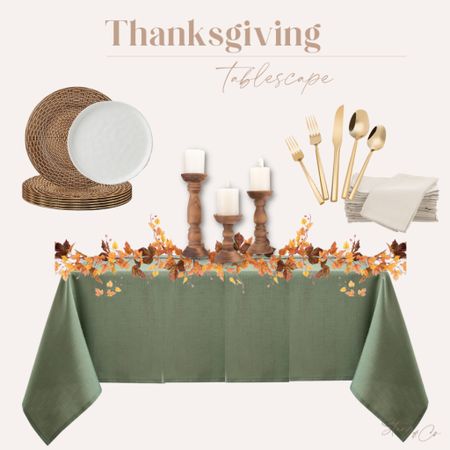 This Thanksgiving tablescape starts with a green tablecloth and is layered with Fall garland, large wood candle holders, wicker chargers, white dinner plates, neutral cloth napkins, and gold silverware. 

Table inspiration, thanksgiving decor, fall table, fall decorations 

#LTKstyletip #LTKhome #LTKfindsunder50