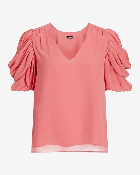 V-Neck Puff Draped Short Sleeve Top | Express