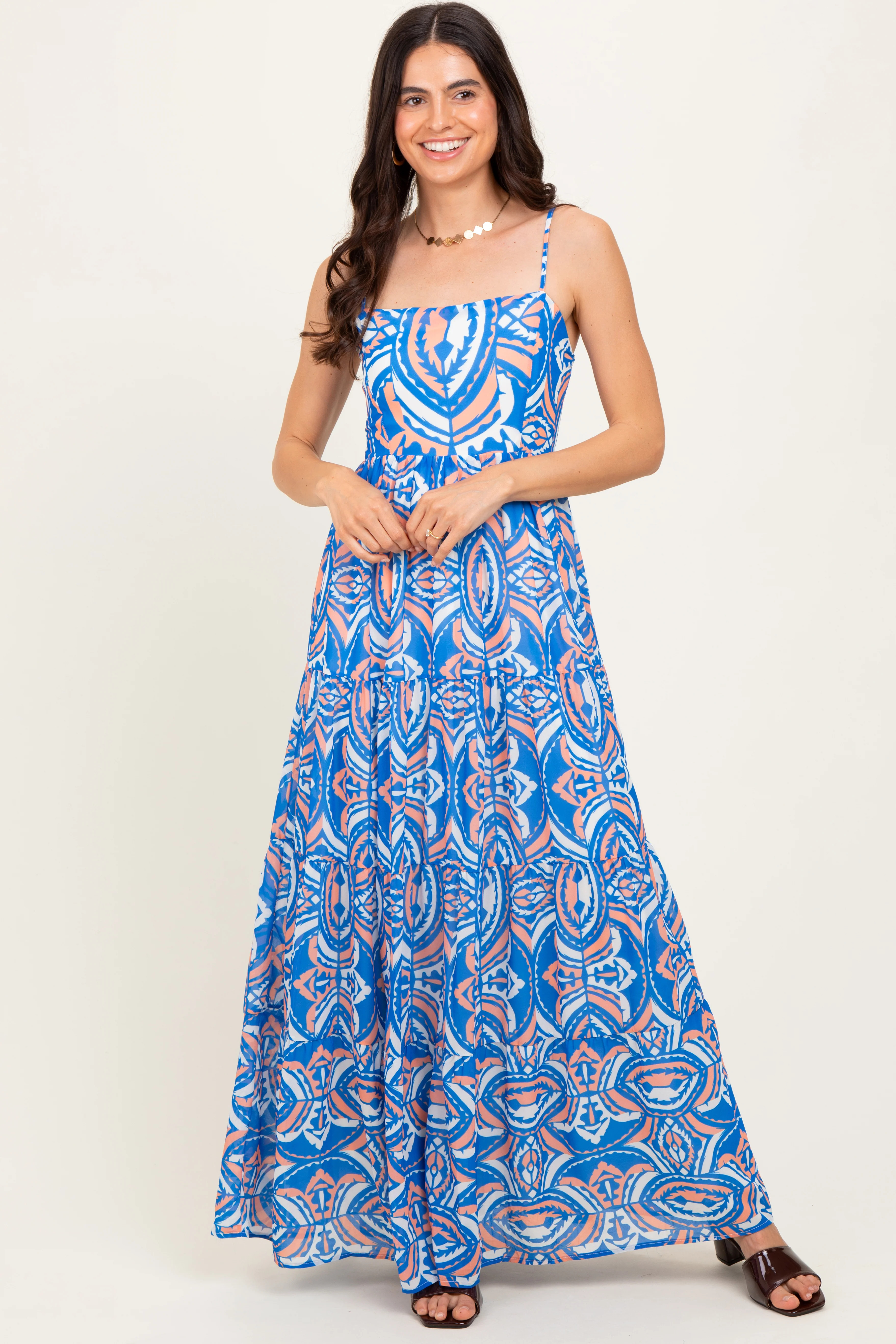 Blue Printed Sleeveless Maxi Dress | PinkBlush Maternity