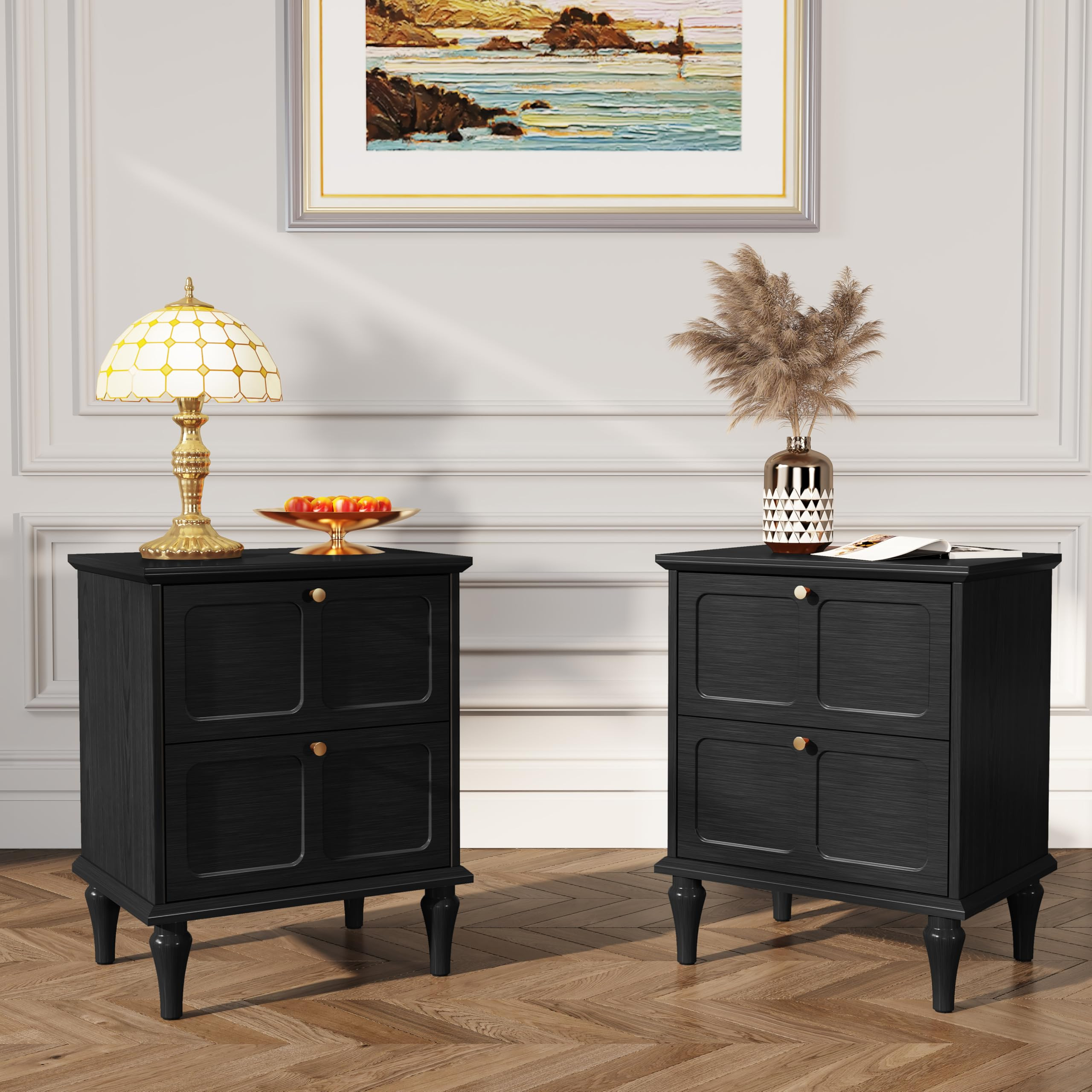 ARTPOWER Mid-Century Modern Nightstand Set of 2, with Storage Drawers and Solid Wood Legs, Wood E... | Amazon (US)