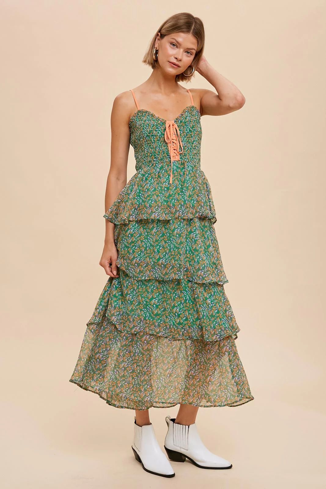 Green Floral Sleeveless Tiered Maxi Dress | PinkBlush Maternity