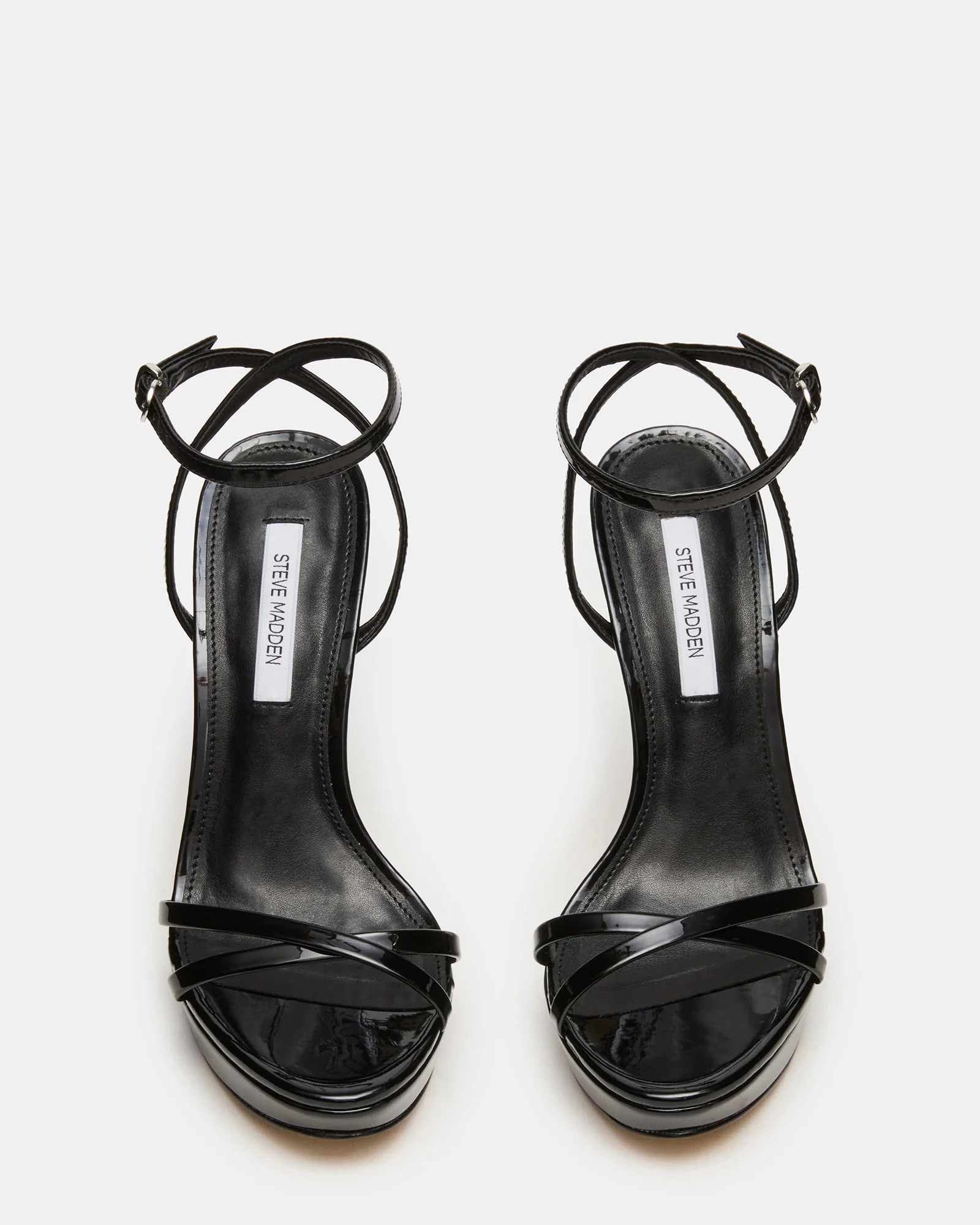 JUNI Black Patent Criss Cross Stiletto Ankle Strap Women's Heel | Steve Madden (US)