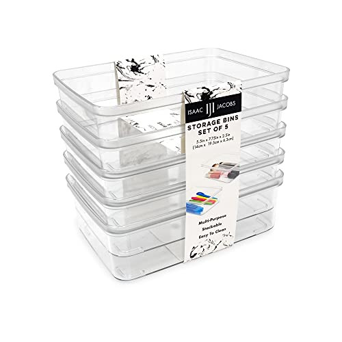 Isaac Jacobs 5-Pack Small Clear Storage Bins (5.5” L x 7.75” W x 2.5” H), Plastic Organizer for Home, Office, Kitchen, Fridge/Freezer, Desk, Bathroom, Drawers, BPA Free, Food Safe (5-Pack, Small) | Amazon (US)