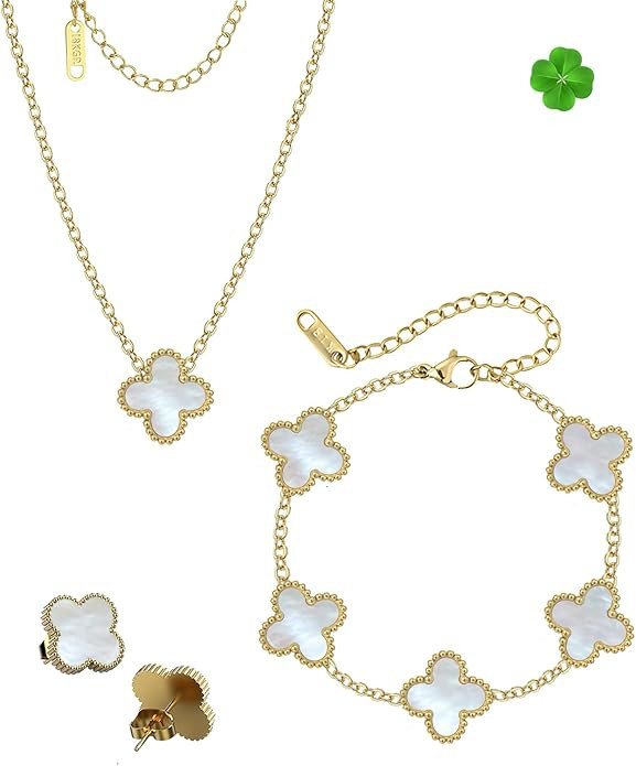 Four Leaf Clover Jewelry Set – Clover Necklace, Clover Bracelet, Earrings & Adjustable Ring, St... | Amazon (US)