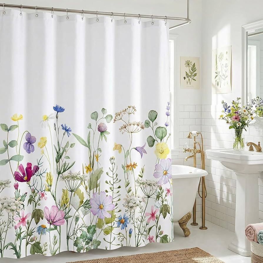 Spring Floral Shower Curtain Wildflower Green Leaves Plant Botanical Garden Bathroom Curtains Wat... | Amazon (US)
