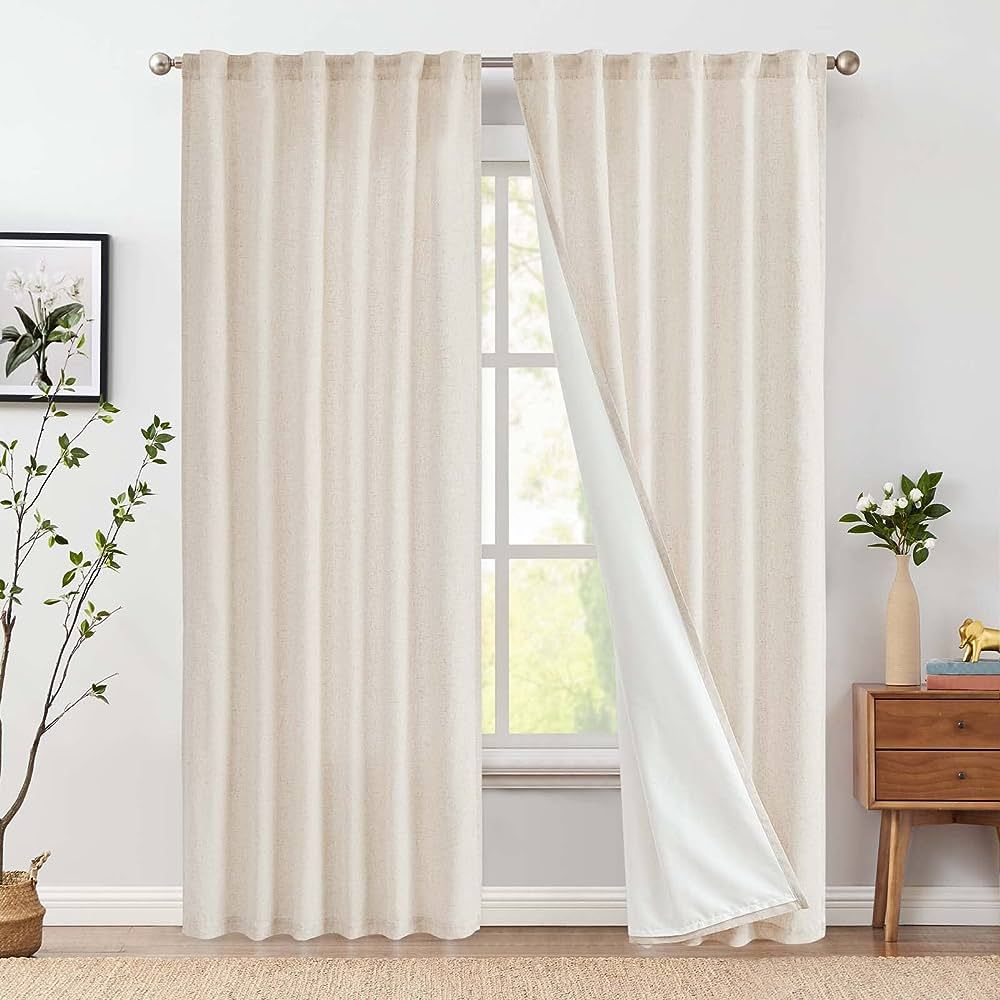 jinchan Linen Beige Curtains 108 Inches Extra Long for Living Room Farmhouse Rod Pocket Back Tab ... | Amazon (US)