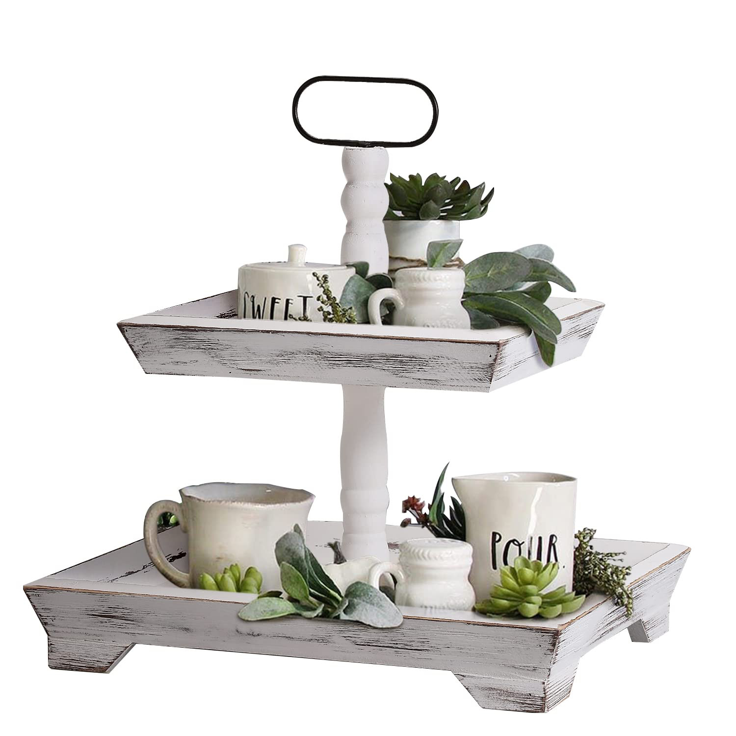 2 Tiered Tray Stand - Two Tier Tray Wood Farmhouse, White, Vintage Decor. Table Kitchen Tray Wood... | Walmart (US)