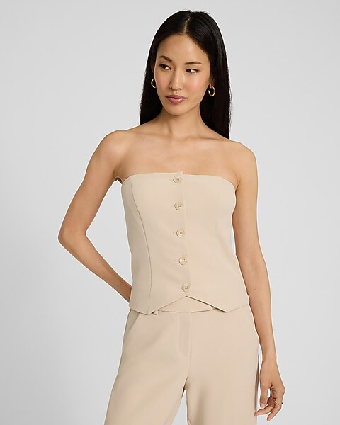Studio Stretch Twill Strapless Button Front Tailored Tube Top | Express