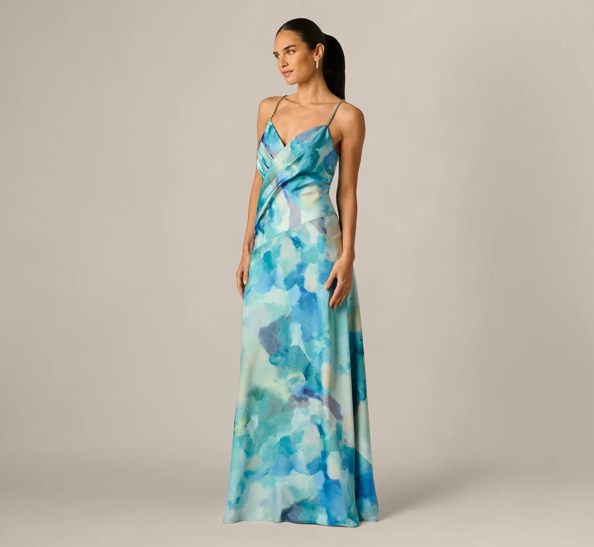Draped Sateen Watercolor Gown In Blue Multi | Adrianna Papell