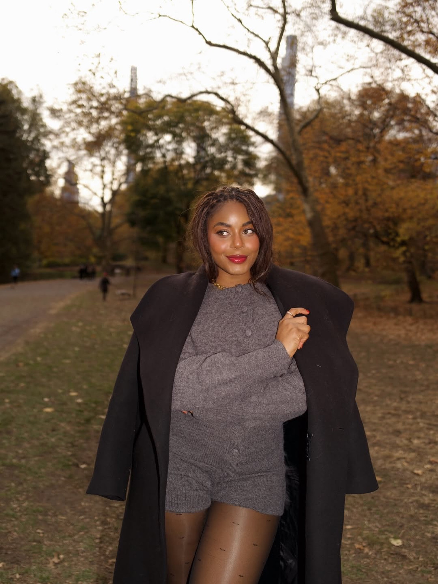Cute and cozy vibes this winter wearing a gray sweater and matching knit shorts along with a black wool coat and sheer tights. Love this casual winter outfit idea for the weekends! Linking this look below .. For more links to christmas tablescape, perfume, area rug finds, puffer vest styles, follow me on LTK! ✨

#LTKSeasonal #LTKgrwm #LTKootd