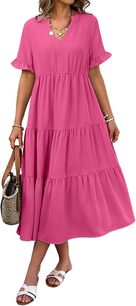 Theenkoln Womens Casual Midi Dress: Short Sleeve V-Neck Empire Waist Gingham Spring Fashion Long ... | Amazon (US)