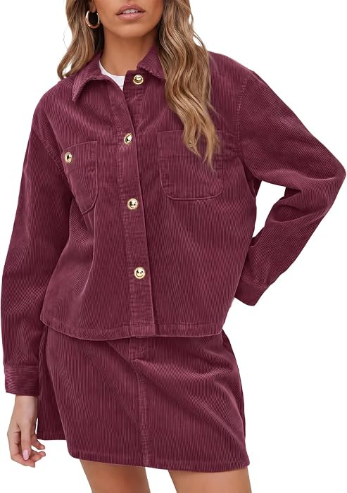 Tankaneo Womens Corduroy 2 Piece Skirt Set Button Down Shacket Mini Skirt | Amazon (US)