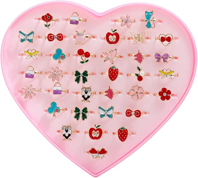 Fineder 36pcs Little Girl Adjustable Rings in Box, Children Kids Jewelry Rings Set with Heart Sha... | Amazon (US)