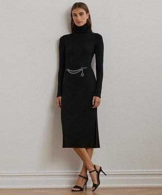 Lauren Ralph Lauren Women's Chain-Trim Rib-Knit Turtleneck Dress In Black $165 | eBay US